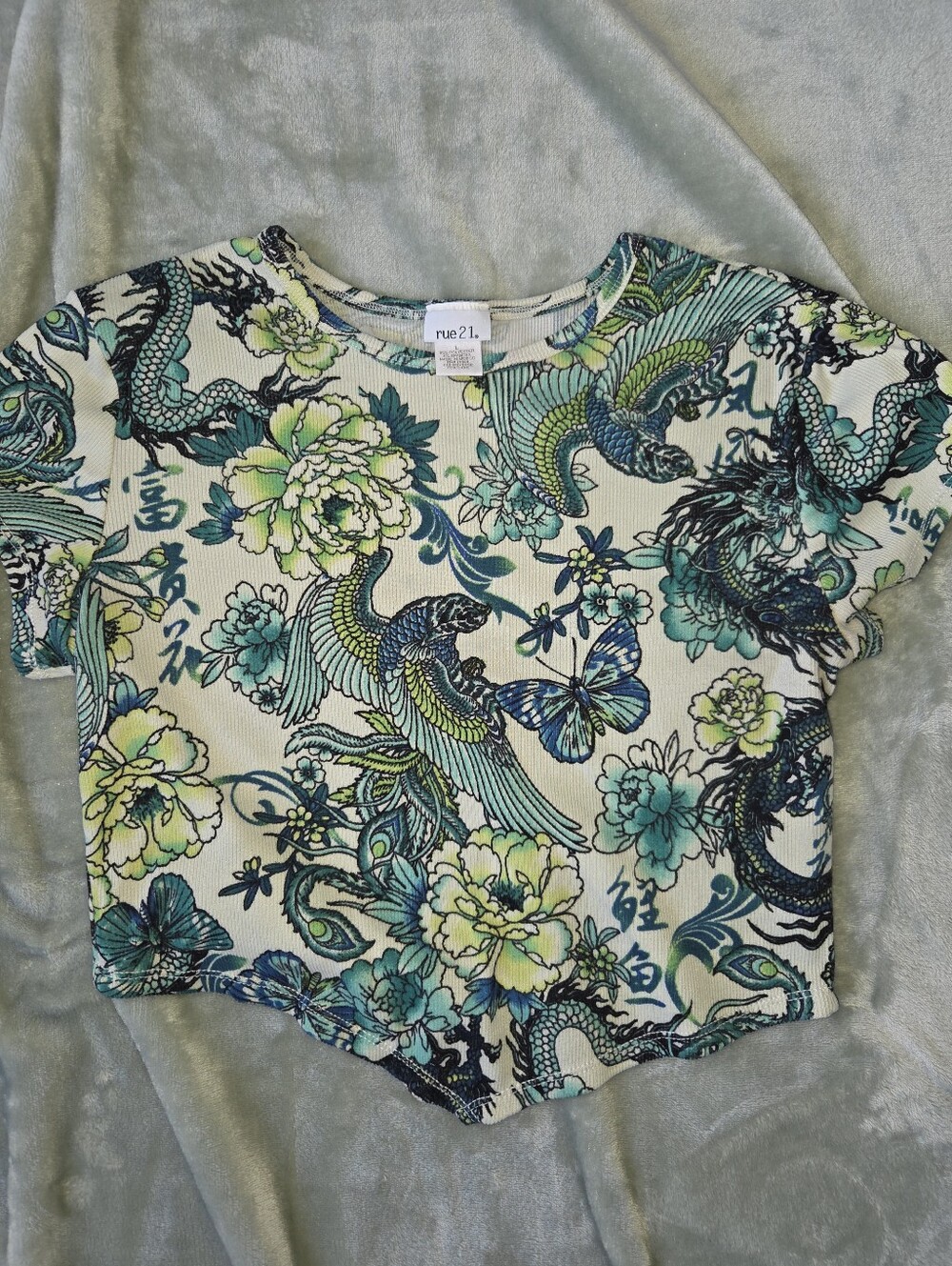 rue21 Teal Floral & Dragon Print Crop Top